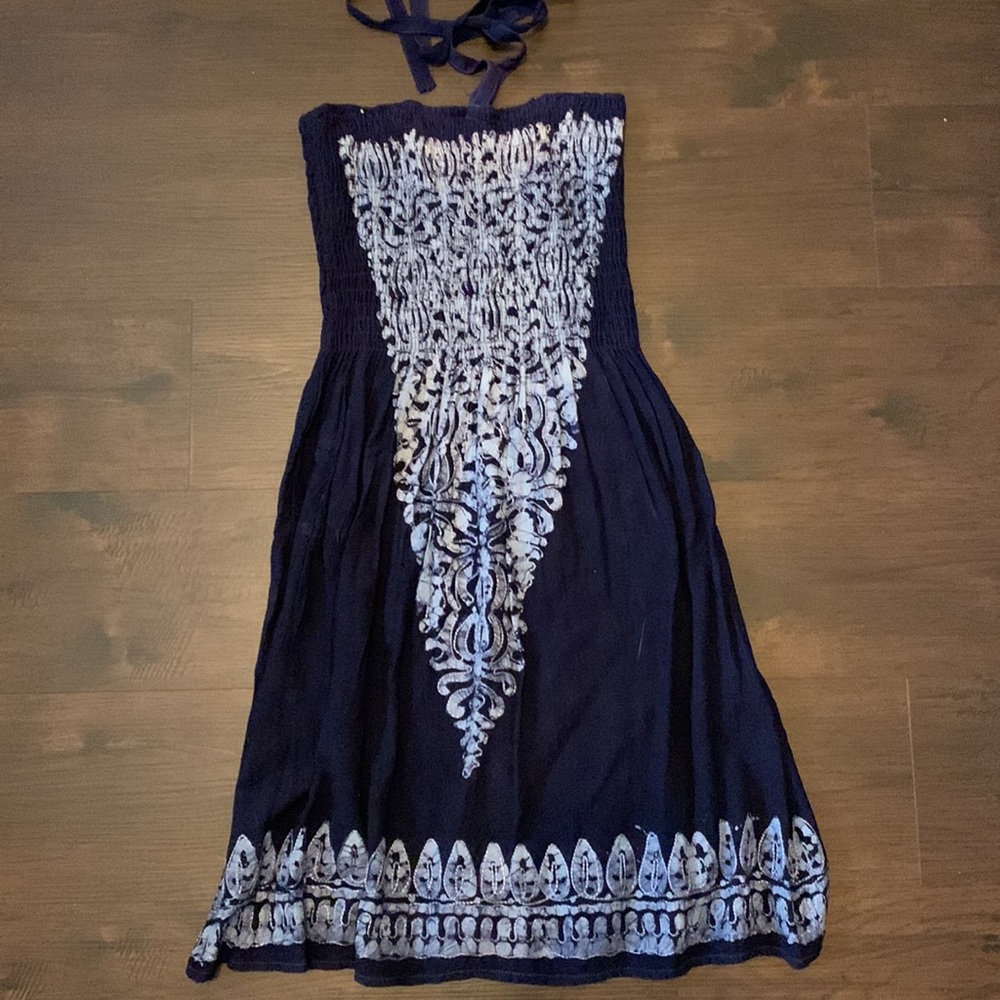 TUBE TOP SUNDRESS HALTER TIE SLEEVELESS SMALL BLUE BATIK PRINT